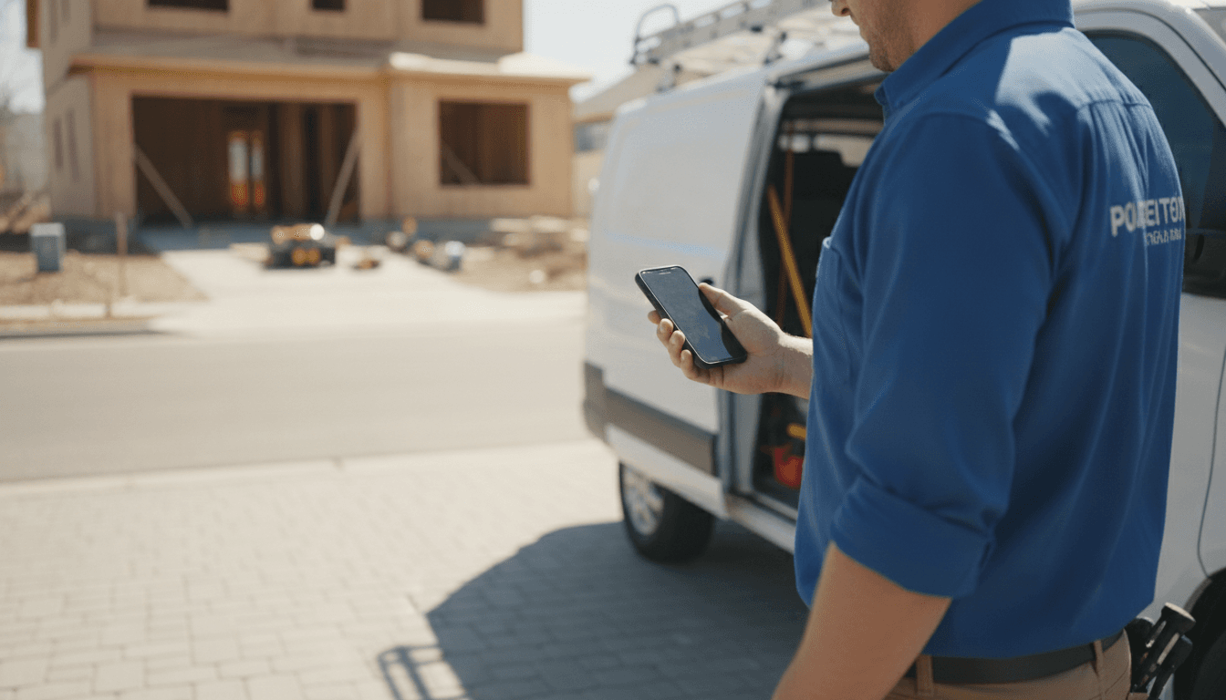 Field service technician beside a work van using the JobPilot app on a phone at a job site